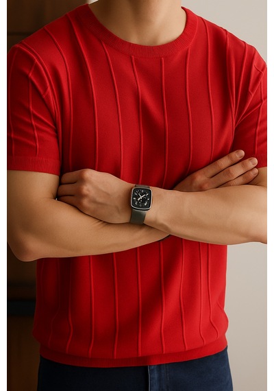 Cool Tarz Mat Kırmızı Erkek Yuvarlak Yaka Örme T-shirt Mat Kırmızı Mat Kırmızı