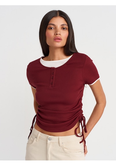 Dilvin 31816 Çift Katlı Büzgülü T-shirt-açık Bordo Açık Bordo