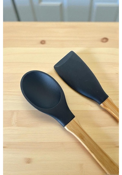 Silikon 2 Parça Kaşık Spatula Set Büyük Boy 28cm Siyah