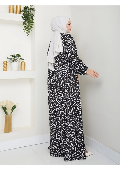 Nevayla Moda Desenli Önü Büzgülü Viskon Elbise - Siyah / E0131 Siyah