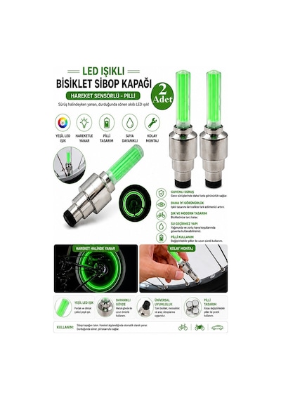 Led Işıklı Bisiklet Ön Far Arka Stop Aydınlatma Işığı Ve Yeşil Sipob Kapağı Haraketli Fotosel Sensörlü Çok Renkli