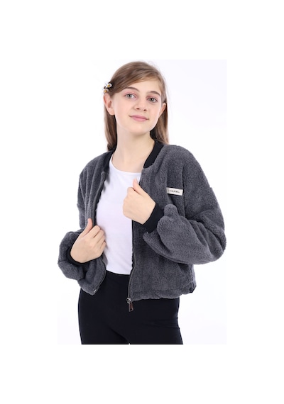 Toontoy Kız Çocuk Kolej Yaka Fermuarlı Düşük Omuz Baskılı Peluş Hırka - Beli Ayarlanabilir Lastikli Füme Toontoy Kız Çocuk Kolej Yaka Fermuarlı Düşük Omuz Baskılı Peluş Hırka - Beli Ayarlanabilir Lastikli Füme