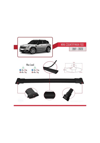 Mini Countryman F60 2017-2023 Arası İle Uyumlu Fly Model Ara Atkı Tavan Barı Siyah