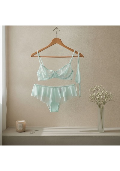 Bonbon Kadın Tül Transparan Balenli Sütyen, Checky Ve String Külotlu 3 Lü Paket Bb2621 Yeşil