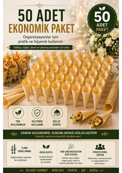 50'li Pkt Mini Bambu Sunum Korneti 6x3,5 Cm Doğal Sunum Külahı Kokteyl Catering Finger Food Sunumluk