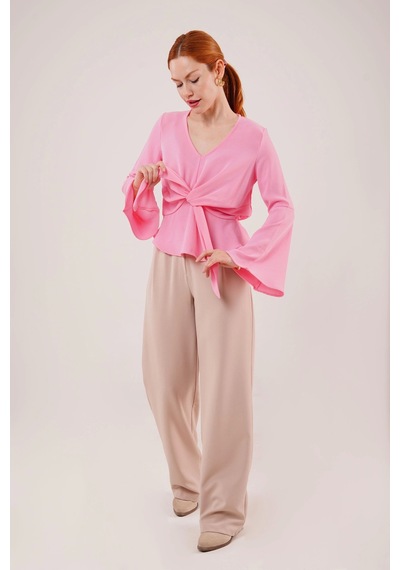 Defymoda Ön Bağlamalı Volan Kol Pembe Bluz Pembe
