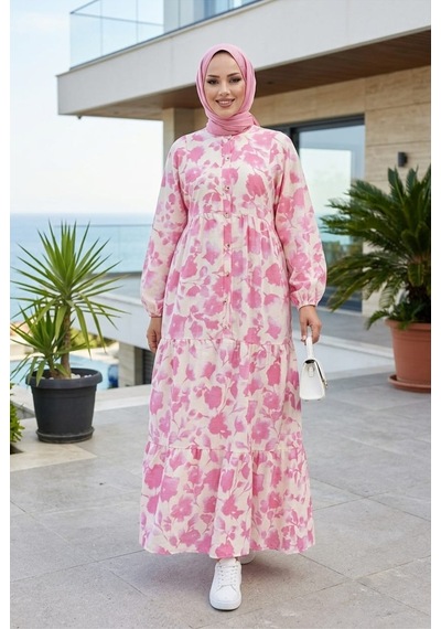 Hb Harma Time Butik Kadın Düğmeli Desenli Modal Kumaş Pembe Elbise Pembe Pembe