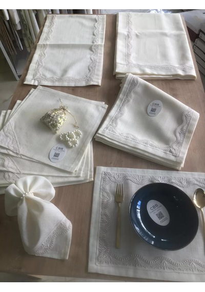 Buradabulabilirsin Sofra Takımı Lina Gardenya Keten Yemek Takımı 160x260 Masa Seti 26 Parça Runner Set Krem Bbz