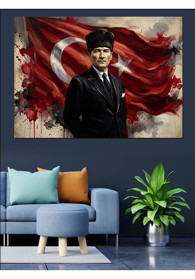Atatürk Türk Bayrağı Önünde Portre Dekoratif Kanvas - Mdf Ahşap Tablo