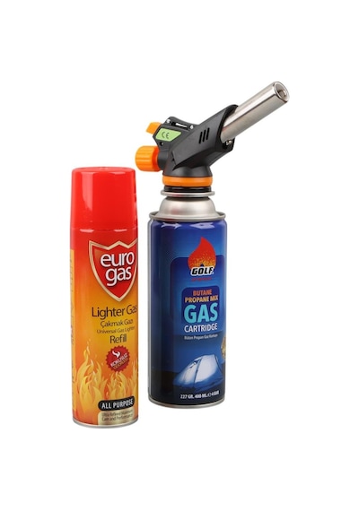 Mahzen Profesyonel 3 Lü Pürmüz Başlığı Seti Butan Propan Gaz Kartuşu 400ml Çakmak + Çakmak Gazı 270ml