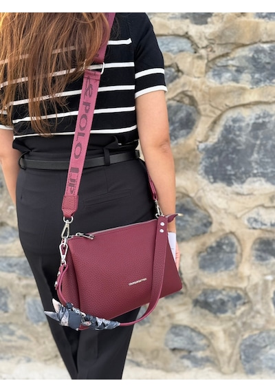 Kadın Orijinal Just Polo Yumuşak Deri Şal Detaylı Ayarlanabilir Askılı El Ve Omuz Çantası Shopper Bordo
