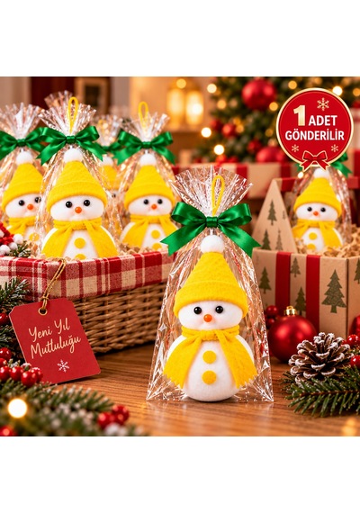 Bakgelal Yılbaşı Ağacı Süsü Kardan Adam Figürlü 16 Cm Keçe Şapkalı Ve Atkılı Asılabilir Dekoratif Süs Sarı Şapkalı - 9057000326419