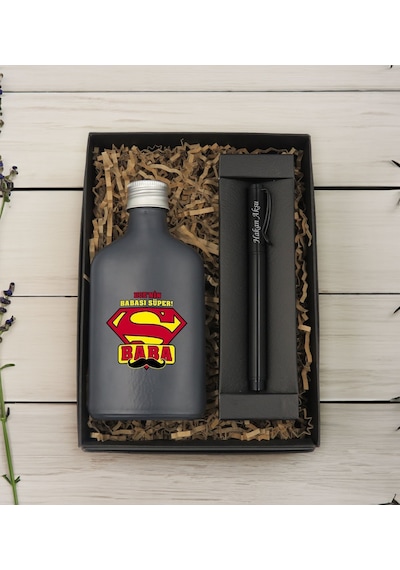 Bk Gift Kişiye Özel İsimli Baba Temalı Antrasit Tasarım Cam Şişede Kolonya 200 Ml & Siyah Metal Roller Kalem Hediye Seti-4, Babaya Hediye, Babalar Gün