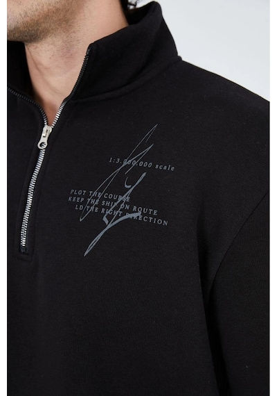 Erkek Yarım Fermuarlı Baskılı 3 İplik Pamuklu Sweatshirt - Siyah