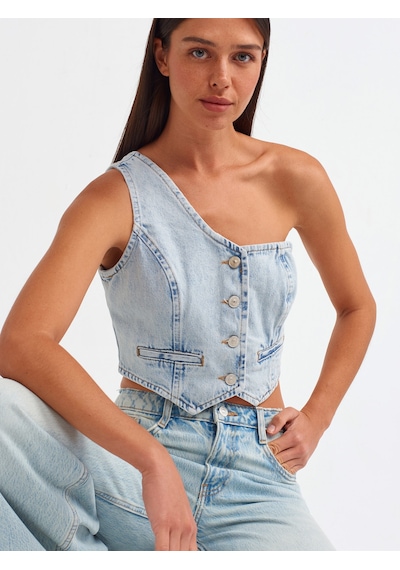 Dilvin Tek Omuzlu Denim Yelek Mavi