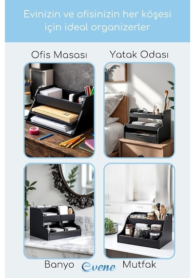 Evene Dosya Düzenleyici Masa Üstü Organizer Ahşap Evrak Raflı Model 1 Siyah, Eorganizer1