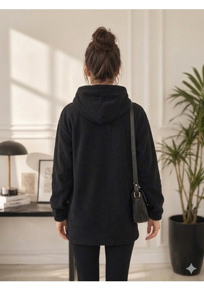 Kadın Siyah Kapşonlu Polar Sweatshirt