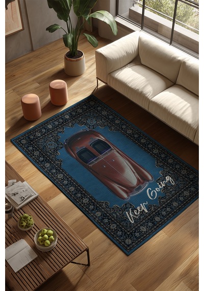 Retro 102 Mavi Gri Vintage Retro Araba Keep Going Yazılı Tasarım Halı Salon Oturma Ev Oda Halısı