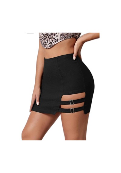 Gugus Kadın Mini/kısa Tokalı Çelik Örme Kumaş Etek Siyah