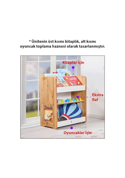 Minera 0-6 Yaş Martı Montessori Ahşap Çocuk Kitaplığı ve Oyuncak Toplama Ünitesi