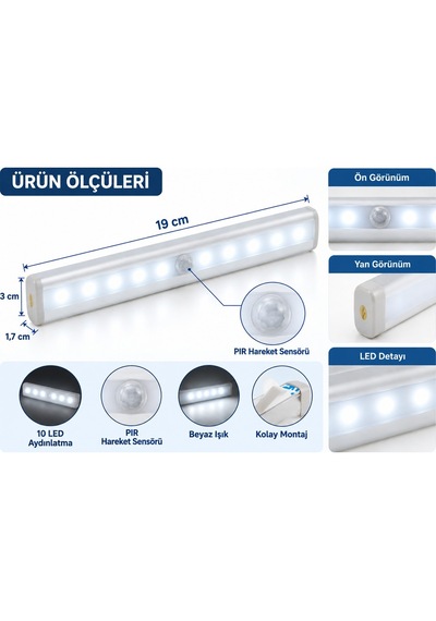 Pır Hareket Sensörlü 10 Led Dolap İçi Aydınlatma Lambası Kablosuz Beyaz Işık 19 Cm