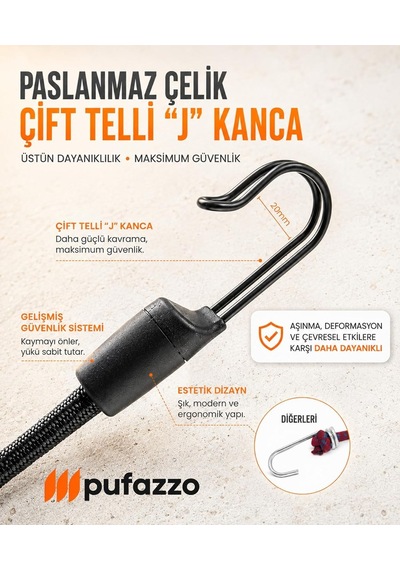 Pufazzo Kancalı Bagaj Gergi Lastiği - Paslanmaz Çelik Çift Kancalı, Motor Ve Bisiklet Sabitleme Lastiği - 3 Adet