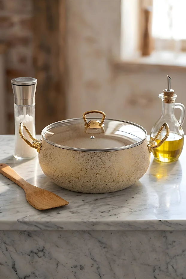 7 Parça Leon Granit Tencere Ve Tava Seti 20 Cm 2.5l, 24 Cm 4.5l, 26 Cm Basık 3l, 26 Cm Tava Bej