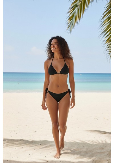 Veraura Lifestyle Kadın Siyah Pedli Bel Ve Boyundan Bağlamalı Dantelli Şık Bikini Takımı