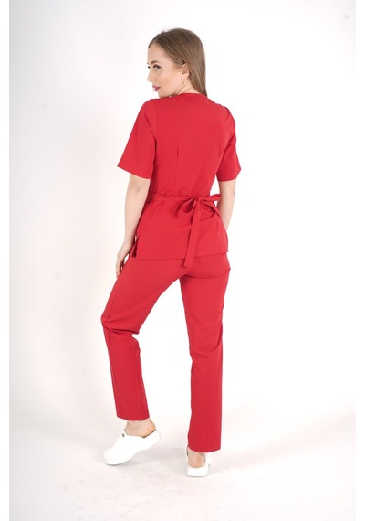 Kırmızı Elegant Model Cerrahi Üniforma Belden Bağlamalı Scrubs Takım Kırmızı