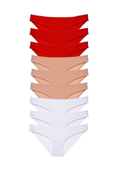 9 Adet Süper Eko Set Likralı Kadın Slip Külot Kırmızı Ten Beyaz Standart