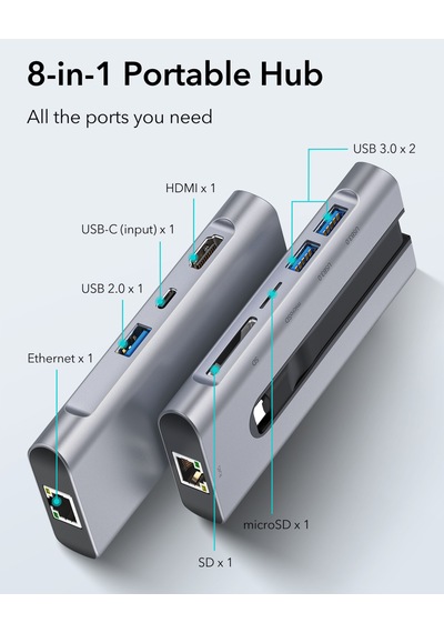 Esr 8-in-1 Usb-c Hub: 4k Hdmı, Gigabit Ethernet Rj45 , 100w Pd Şarj Ve Yüksek Hızlı Veri Aktarımı