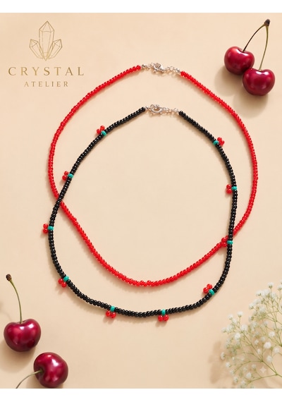 Crystal Atelier 2'li Kiraz Kolye Seti El Yapımı Kum Boncuk Siyah Kırmızı İkili Kadın Choker Kolye Kombini Kırmızı - Siyah