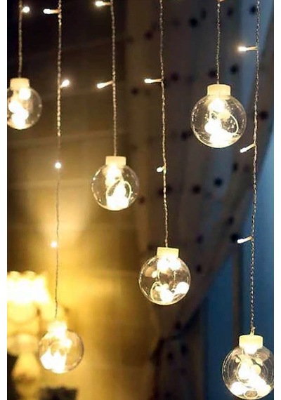 Işıklı Top Perde Led Fişli Animasyonlu 12 Saçak Ampul 3 Metre Sarı