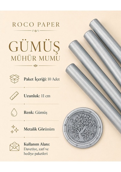 Gümüş Silindir Mühür Mumu, 10 Adet - 11 Cm, Zarf Ve Davetiye Mühr Diğer