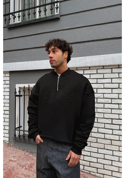 Flaw Nakışlı Half Zip Sweatshirt-28695 Sİyah