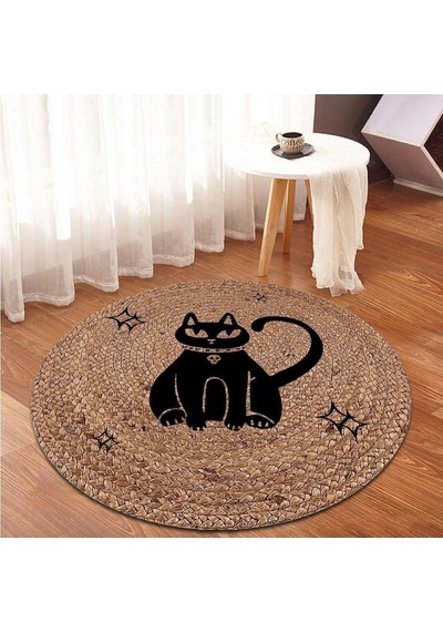 Kedi Desen Jüt Yuvarlak Hasır Yolluk Salon Oda Mutfak Halısı 1004