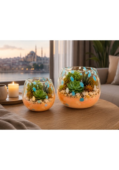 2 Li Üfleme Cam Teraryum Saksı Seti Turuncu Mavi Benekli Dekoratif Cam Kase Vazo 15x13 Cm Ve 18x17 Cm