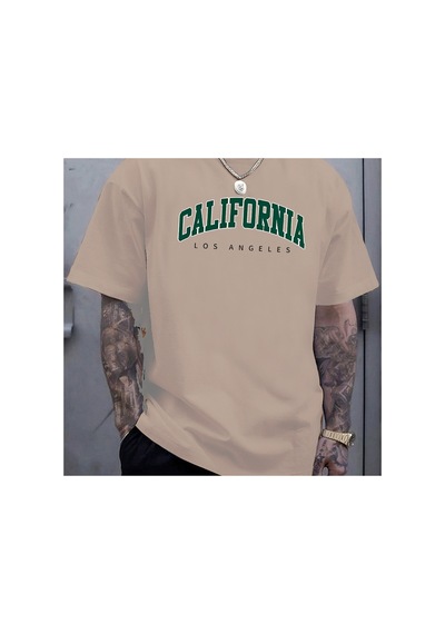 Caddemia Yaz Rahat Spor Gevşek Büyük California Mektup Baskılı Rahat Yuvarlak Boyun Bej 2XL