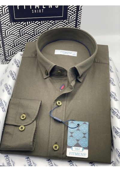 Slim Fit Uzun Kol Yıkamalı Gabardin Hediye Kutulu Erkek Gömlek Fs-001364 - Haki-1443