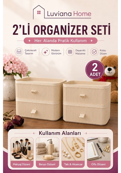 Çekmeceli Xl Makyaj Takı Kozmetik Parfüm Krem Serum Düzenleyici 2'li Organizer Çok Renkli