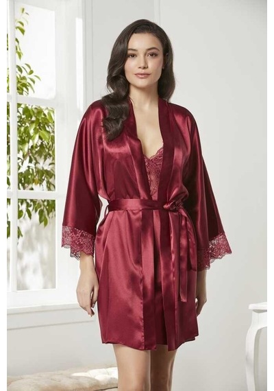 Pierre Cardin Saten Dantelli Gecelik Sabahlık Takım 4280 Bordo 001