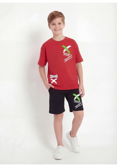 Panios Kids X White Baskı Detaylı Yuvarlak Yaka Yazlık Erkek Çocuk Alt Üst Takım Kırmızı