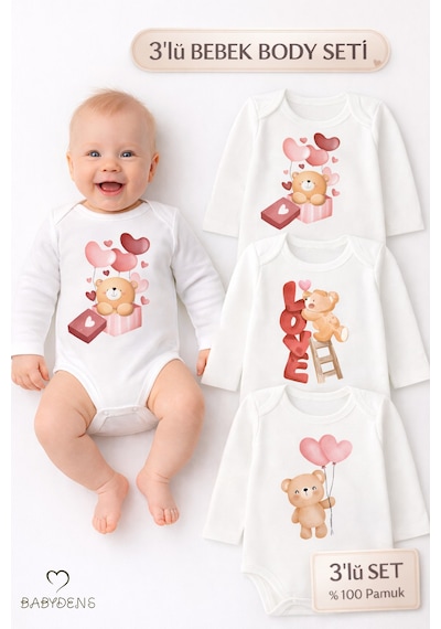 Babyden's 3 Lü Bebek Body Seti %100 Pamuk Uzun Kollu Ayıcık Baskılı Yenidoğan Unisex Bebek Body Beyaz