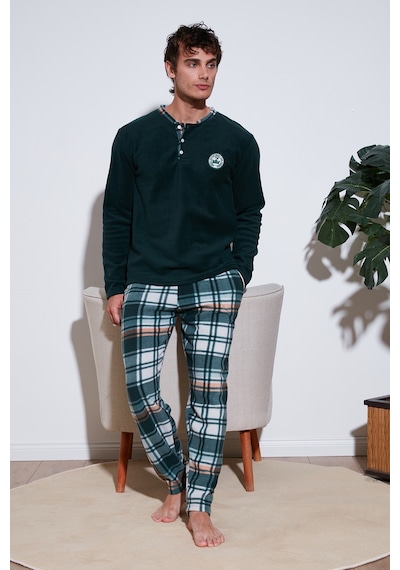 Buratti Ekoseli Regular Fit Düğmeli Bisiklet Yaka Kışlık Polar Erkek Pijama Takımı 60961008 Yeşil