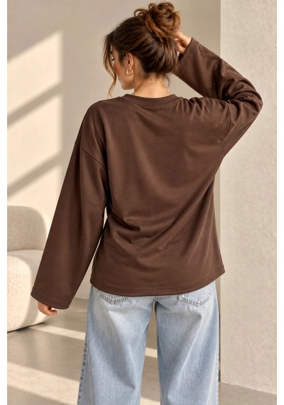 Bb Butik Basic Kadın Modal Oversize Bisiklet Yaka Sweatshirt Zg3535 Kahverengi