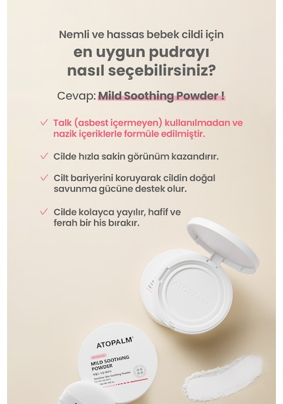 Yenidoğanlara Özel, Talk İçermeyen Temiz İçerikli Kompakt Bebek Pudrası Atopalm Mild Soothing Powder