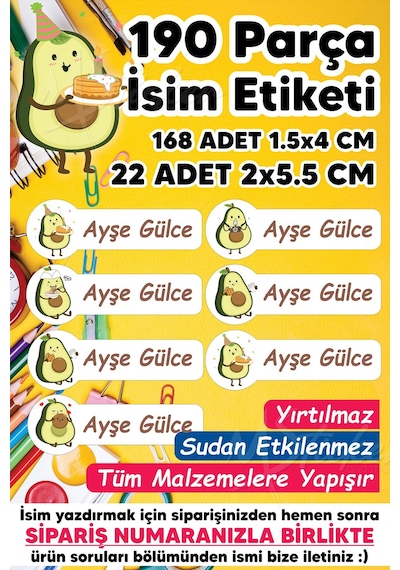 Okul Etiketi Kalem Defter Etiketi Avakado Temalı Özel Isim Yazılabilen Etiket - 190 Adet