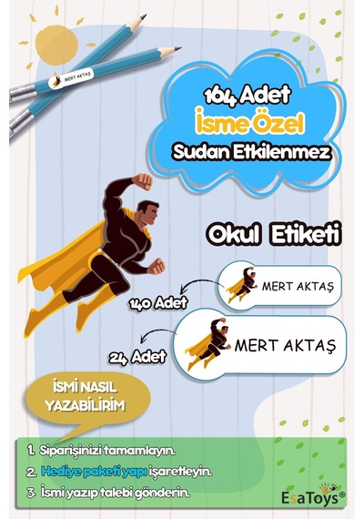 Uçan Adam Temalı Özel İsminiz Yazılı Okul Etiketi Diğer