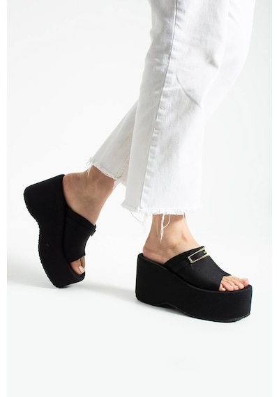 Dabab Shoes Lunara Kadın 3'lü Paket Tokalı 10 Cm Platform Topuklu Kalın Taban Terlik Sandalet Taba - Bej - Siyah Siyah Kombin