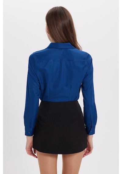 Tudors Kadın Slim Fit Dar Kesim Vücuda Oturan Uzun Kollu Lacivert Basic Gömlek-38823